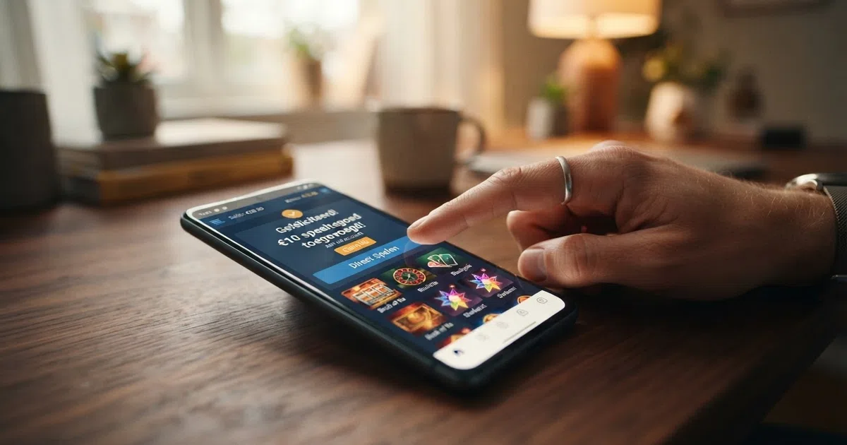 Een Nederlands online casino dashboard met een actieve no-deposit bonusmelding en het speeltegoed zichtbaar in de saldobalk