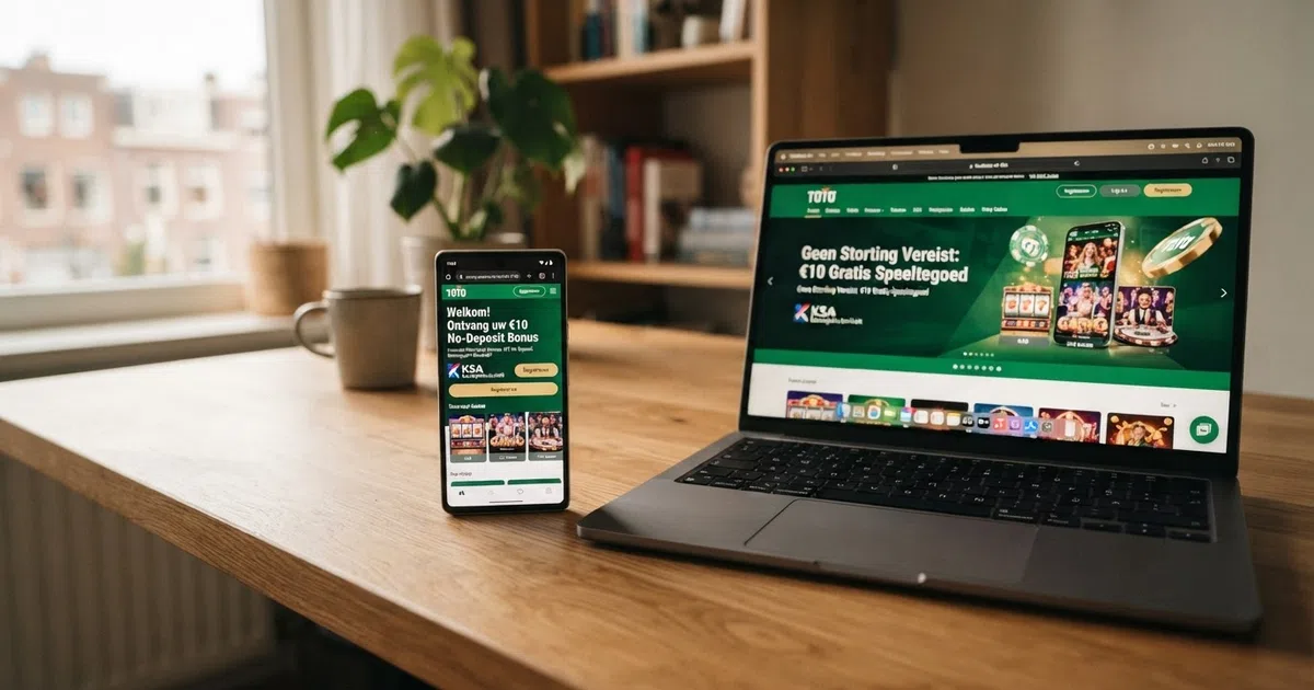 Een smartphone en een laptop tonen de welkomstpagina's van legale Nederlandse online casino's met aanbiedingen voor speeltegoed zonder storting