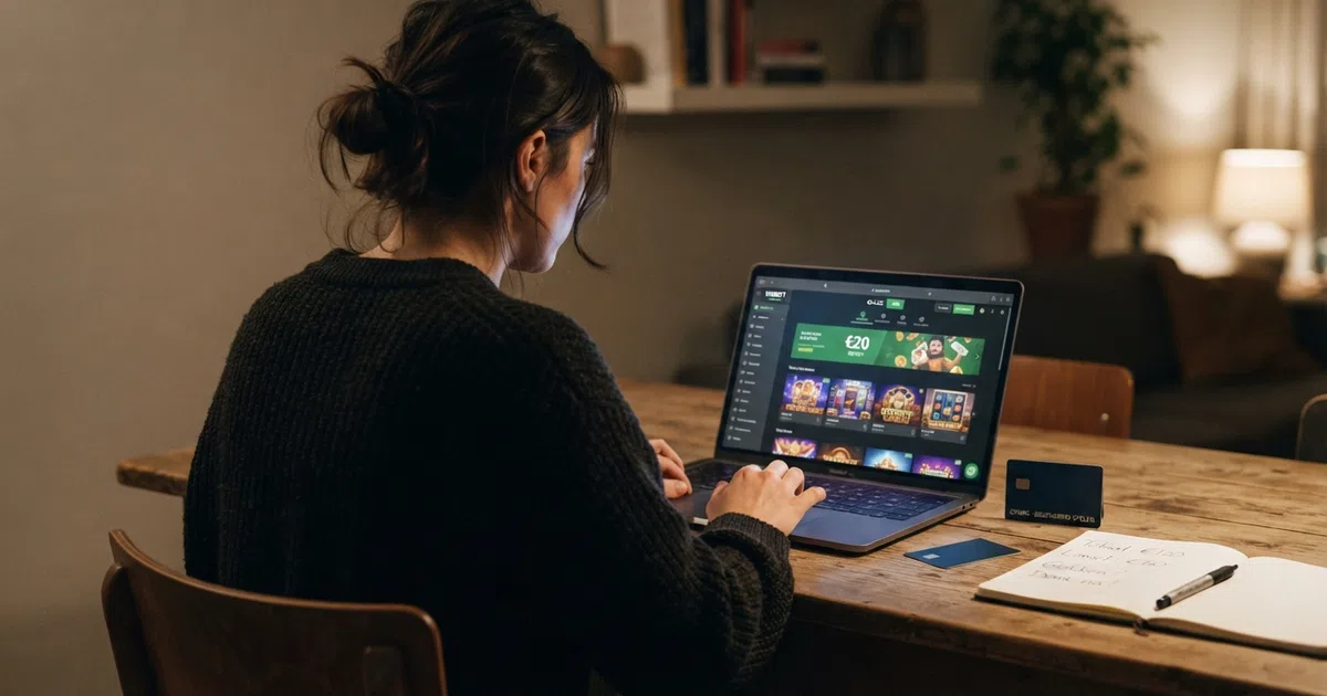 Een Nederlandse speler bekijkt een online casino-interface op een laptop, met het Cruks-logo en een stortingsknop van €20 in beeld