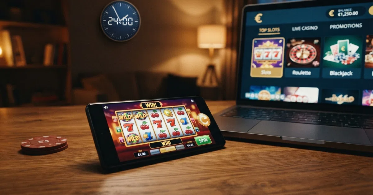 Een online casino-interface die dag en nacht toegankelijk is op een laptop en een smartphone, met een klok die 24:00 aangeeft