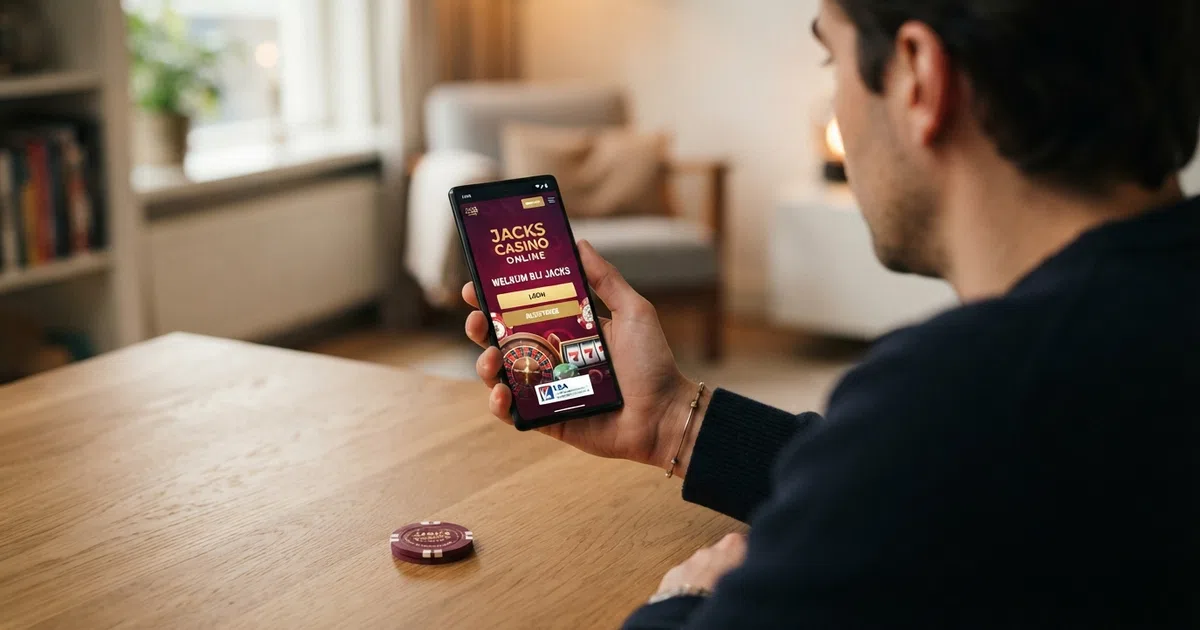 Een Nederlandse speler houdt een Android-smartphone vast met daarop het startscherm van een casino-app, met de Play Store-pagina zichtbaar op de achtergrond