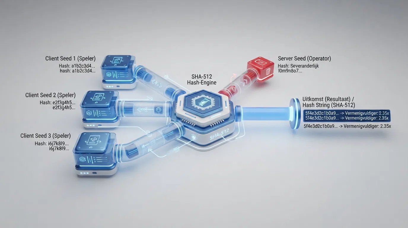 Een technisch diagram van het provably fair-systeem met de drie client seeds en de SHA-512-hash