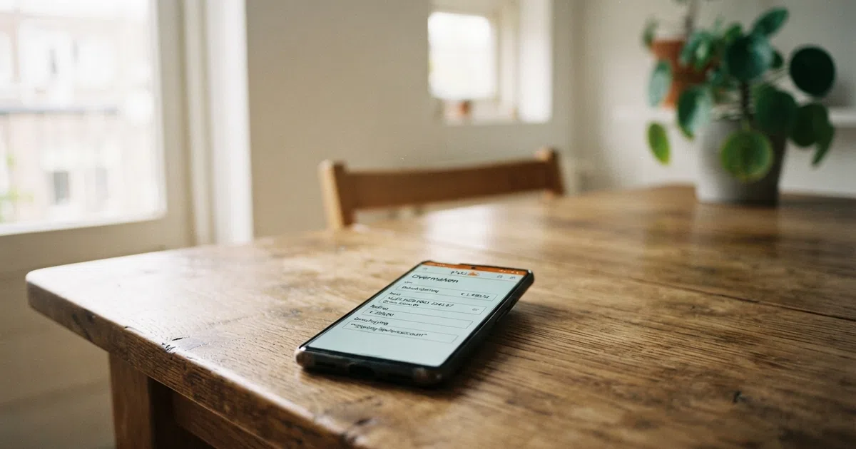 Een smartphone met een bankieren-app geopend op het scherm, waarin een overboeking naar een online casino wordt ingevuld — IBAN, bedrag en omschrijving zichtbaar