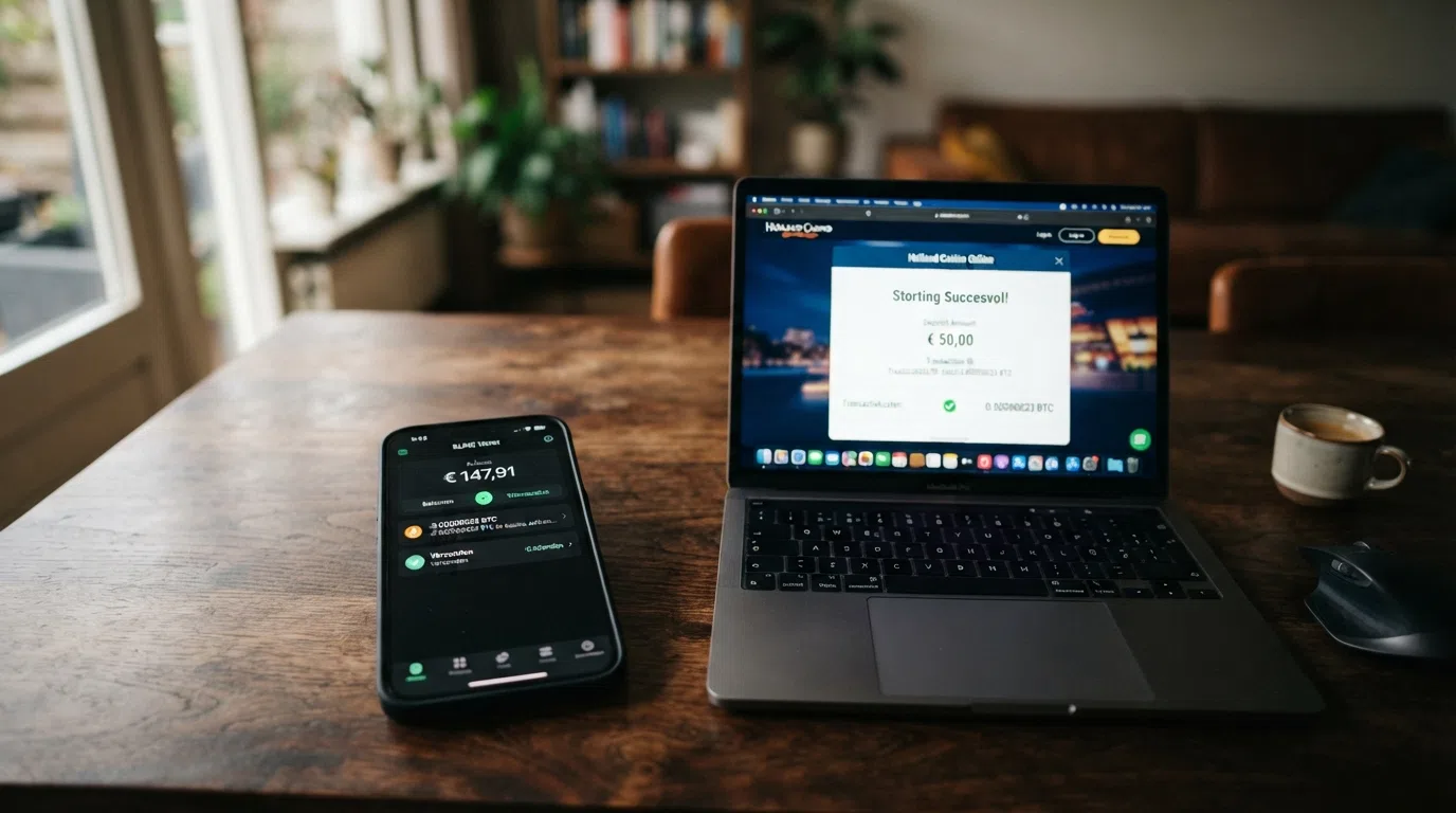 Een smartphone met een Bitcoin Cash wallet-app naast een laptop die een casinostortingsbevestiging toont met '0.00000023 BCH fee' zichtbaar