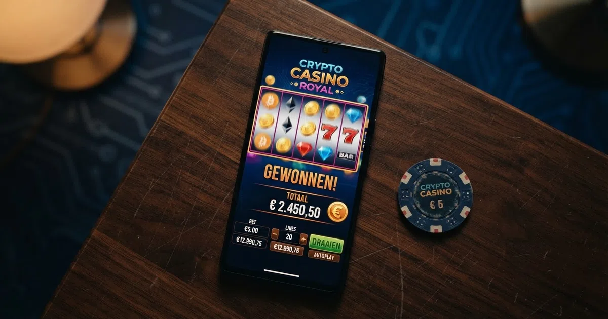 Een bitcoin-munt en een casino-chip op een donkerblauwe achtergrond met een subtiel circuitboard-patroon