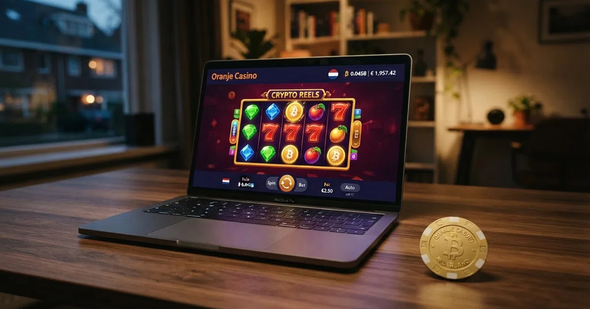 Een laptopscherm met een bitcoin casino-interface, een Bitcoin-munt en het Nederlandse vlag-icoon op het scherm