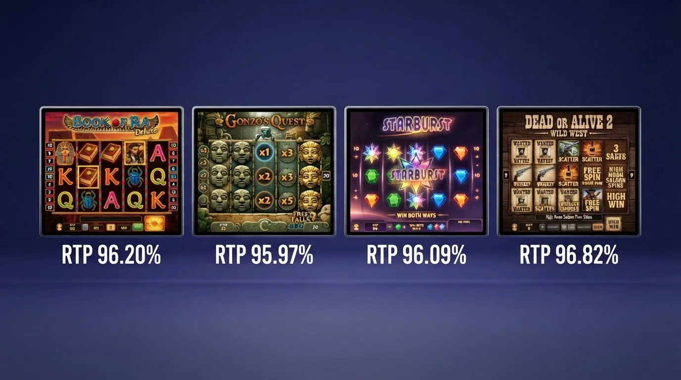 Een visuele vergelijking van vier bonus-buy-slots (San Quentin xWays, Money Train 3, White Rabbit Megaways, Gates of Olympus) met hun bonus-buy-RTP-cijfers naast elkaar