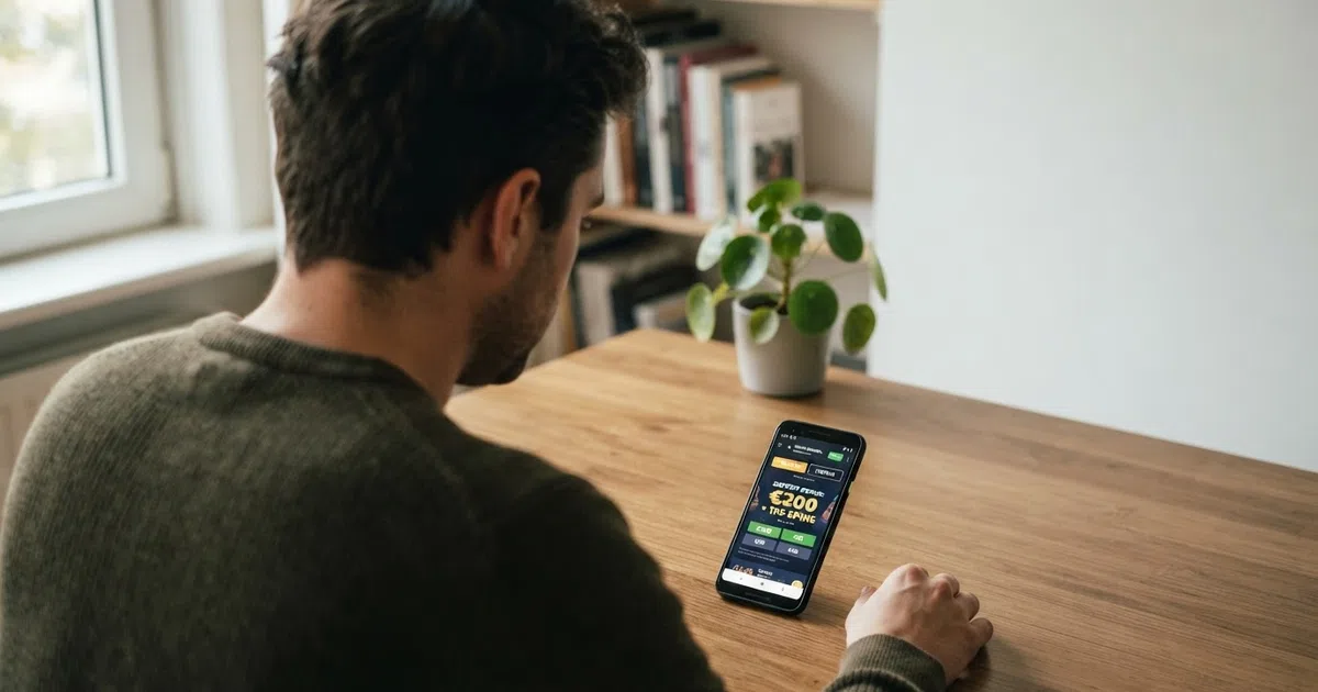 Een Nederlandse speler kijkt naar een smartphone met een vergelijkingspagina van buitenlandse casino's, met licentielogo's zichtbaar op het scherm