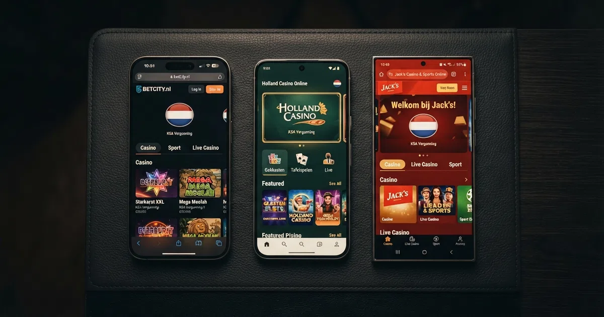 Drie smartphones naast elkaar, elk met een andere Nederlandse casino app geopend op het beginscherm, tegen een donkere achtergrond met het KSA-keurmerk subtiel zichtbaar