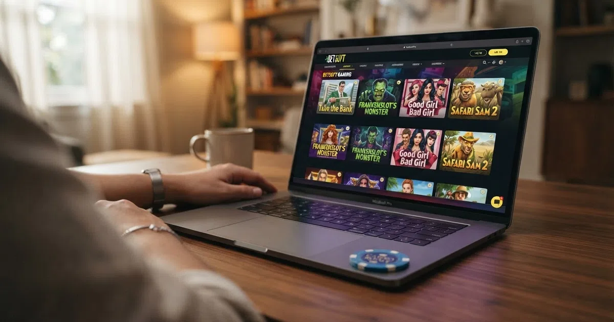 Een online casino lobby op een laptopschem met kleurrijke Betsoft-gokkasten in de spelgrid