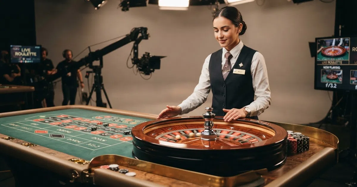 Een professionele live-casinostudio met een croupier aan een roulettetafel, camerapresentatie en verlichte speeltafel in een Evolution Gaming-studio