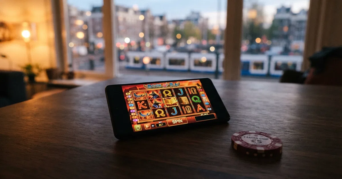Een overzicht van Nederlandse online casino's met het Greentube-logo en Book of Ra Deluxe op het scherm