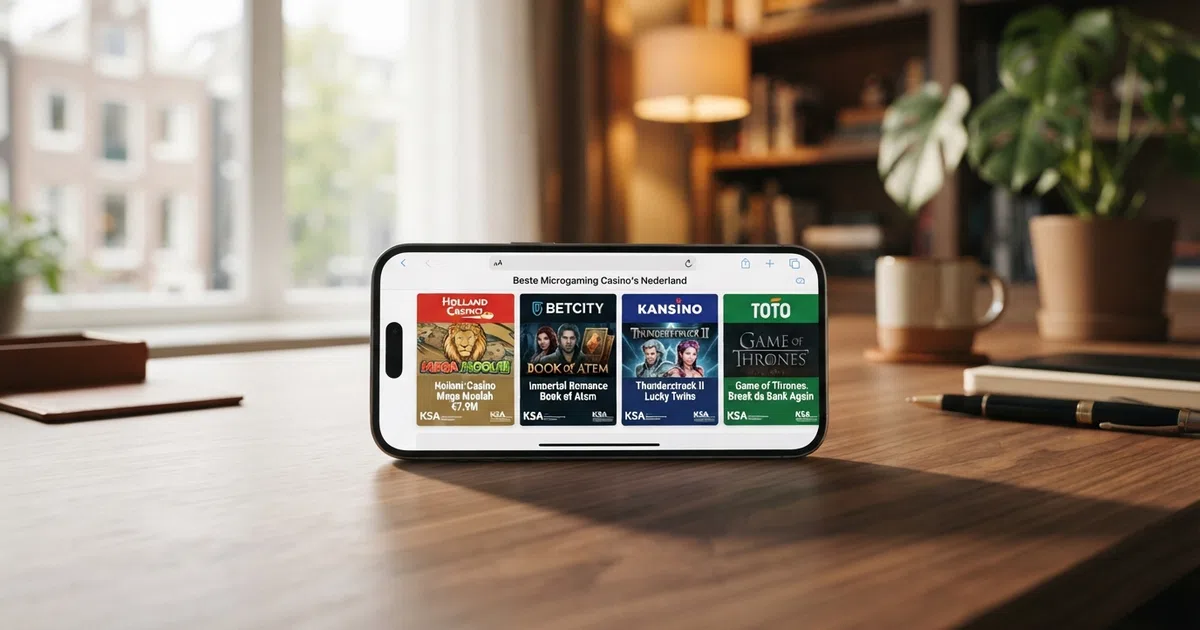 Een rij Nederlandse online casino's op een scherm met Microgaming-gokkasten zichtbaar — het Ksa-logo en een slot als Mega Moolah of Immortal Romance herkenbaar in beeld.