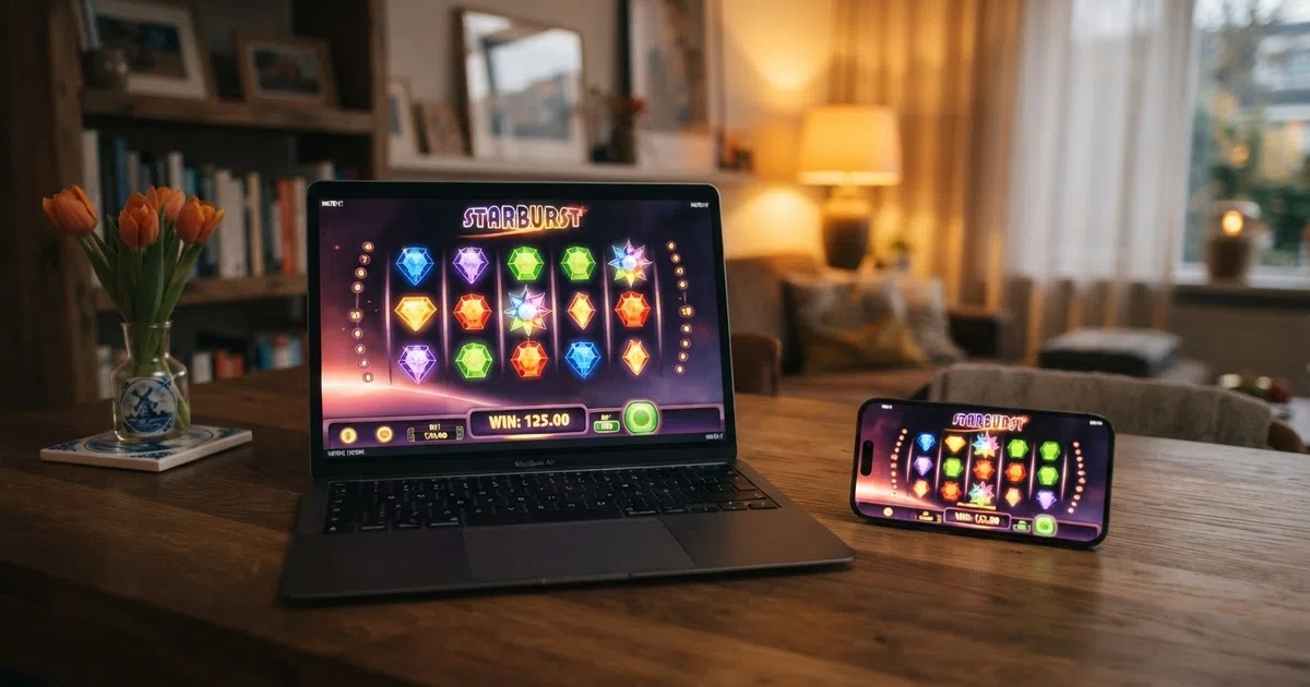 NetEnt-logo en Starburst-slot op het scherm van een laptop en smartphone, Nederlandse casino-omgeving