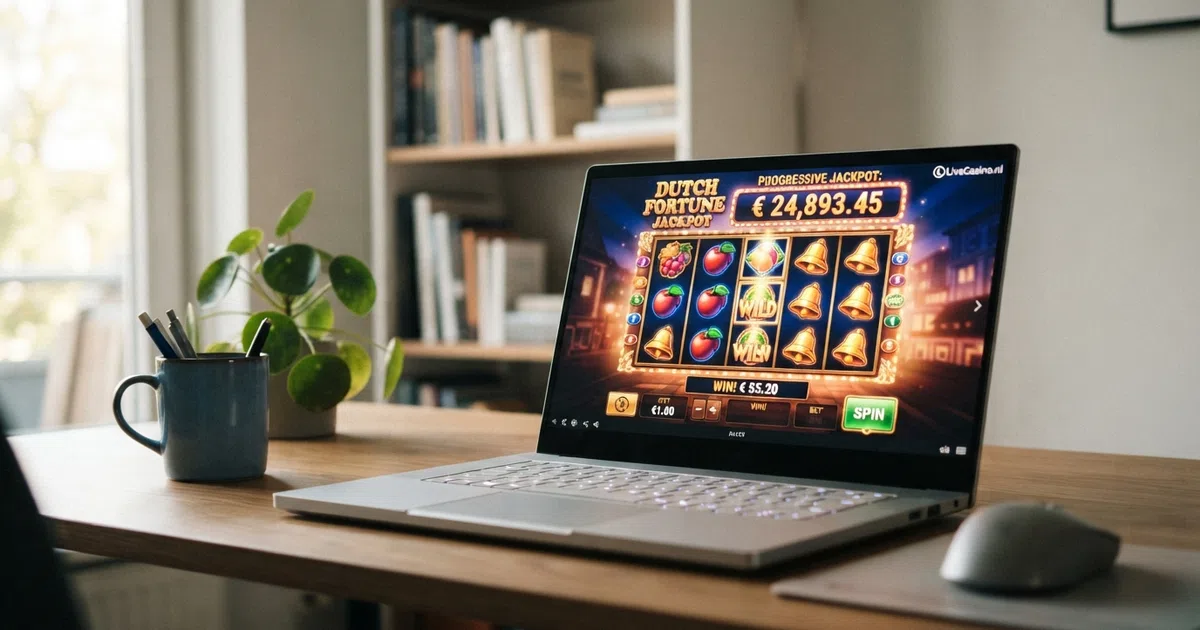 Een reeks felgekleurde progressieve jackpot gokkasten op een scherm met Nederlandse euro-tekens op de jackpot-tellers