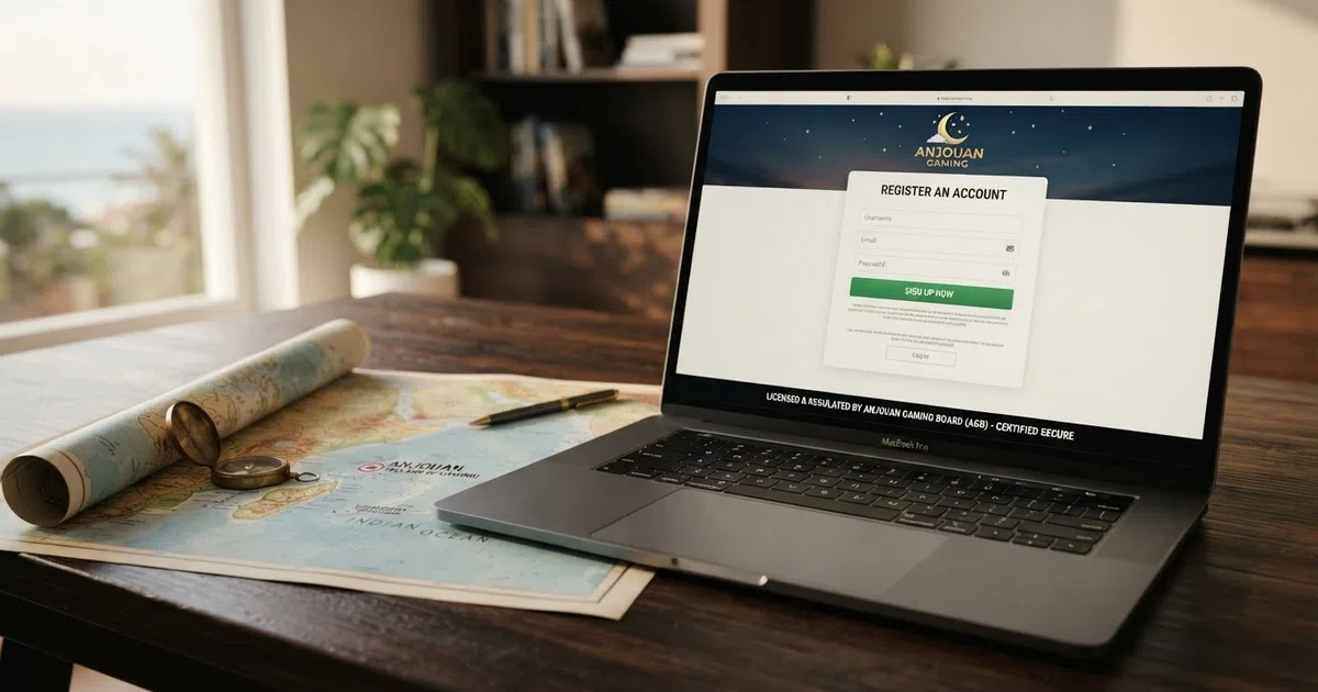 Een close-up van het eiland Anjouan op een kaart van de Indische Oceaan naast een screenshot van een Anjouan casino registratiepagina met het Anjouan-vergunningenlogo in de footer