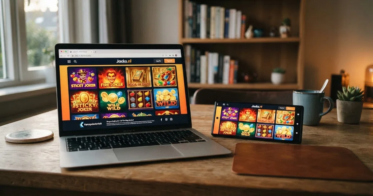 Een Nederlands online casino-scherm met meerdere gokkasten in een grid-weergave op een laptop en telefoon