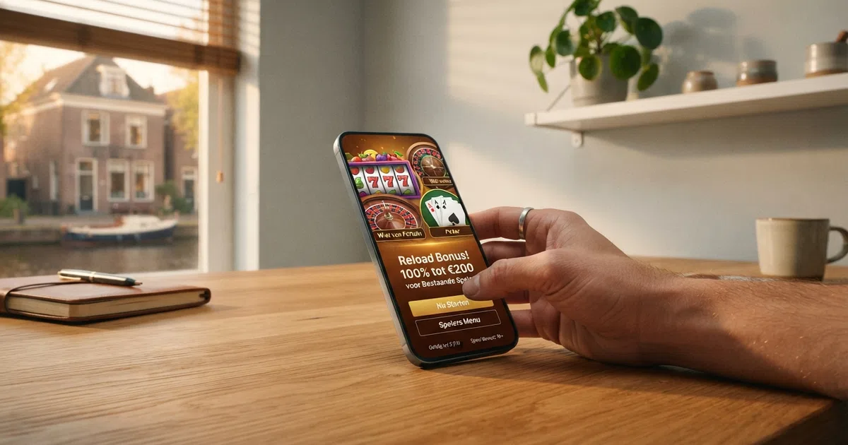 Een scherm van een Nederlands online casino met een reload bonus-aanbieding voor bestaande spelers, met het bonuspercentage en de stortingsknop zichtbaar.