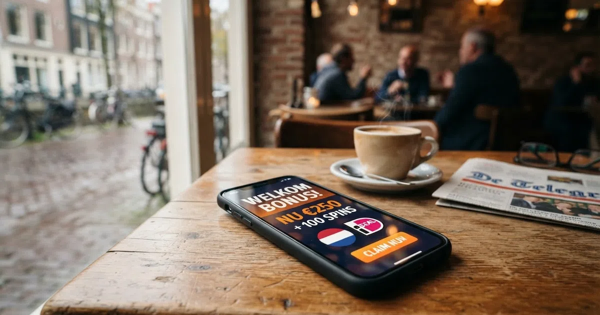 Een smartphone met een Nederlandse online casino bonusaanbieding op het scherm, met iDEAL-logo en het Nederlandse vlaggetje zichtbaar