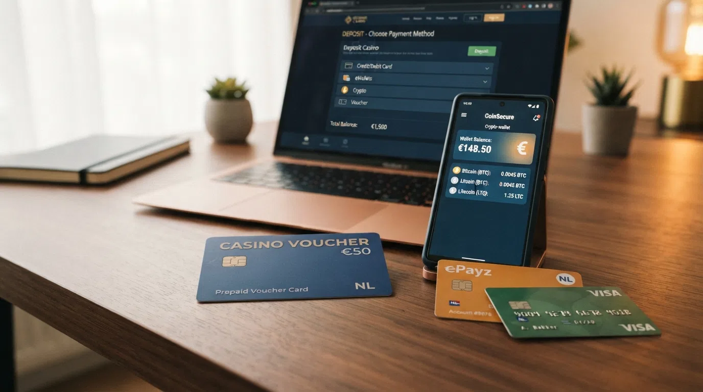 Een overzichtelijke rij van de betaalopties die Nederlandse spelers wél kunnen gebruiken: een Paysafecard, een smartphone met crypto-wallet, een Skrill-pas en een creditcard, met iDEAL opvallend afwezig in het midden