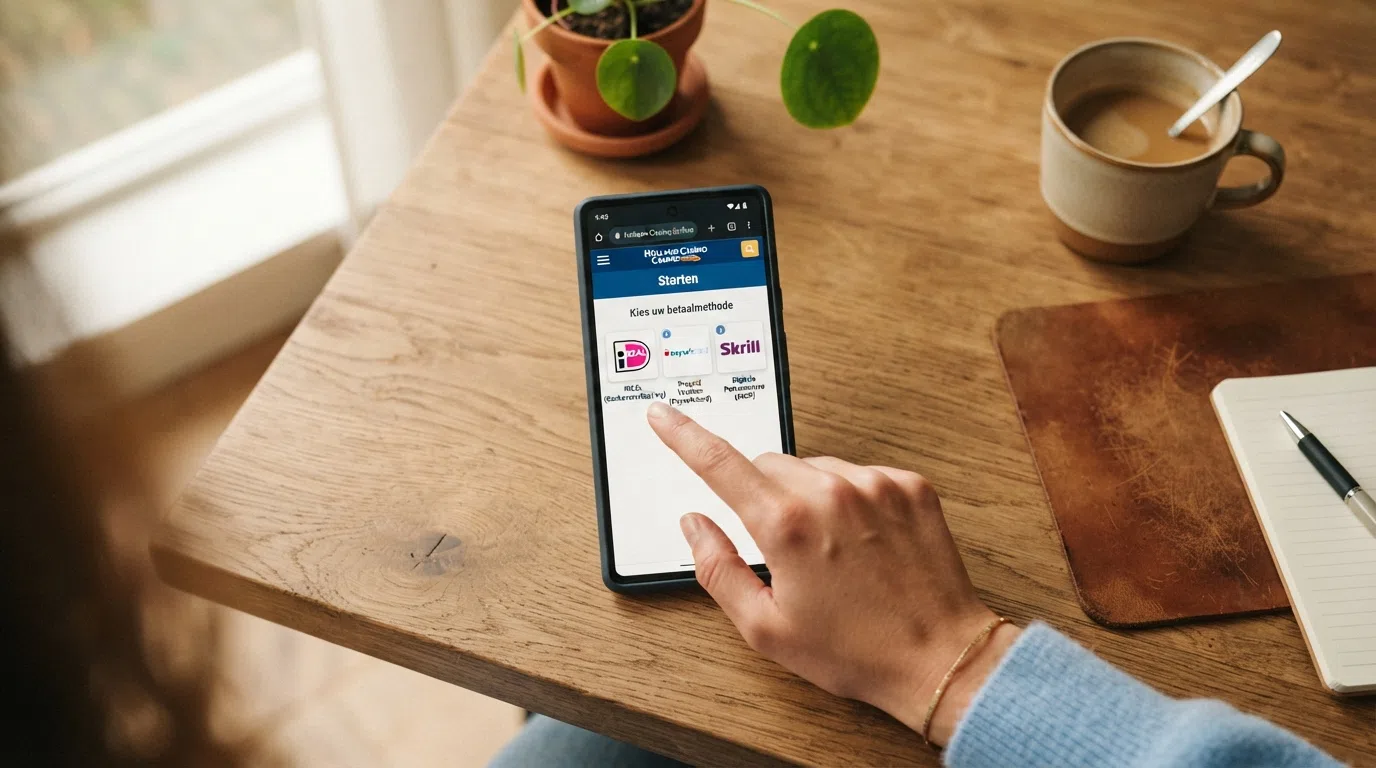 Een overzichtelijke rij betaalopties — iDEAL, Trustly, Paysafecard, bankoverschrijving — op het stortingsscherm van een Nederlands online casino