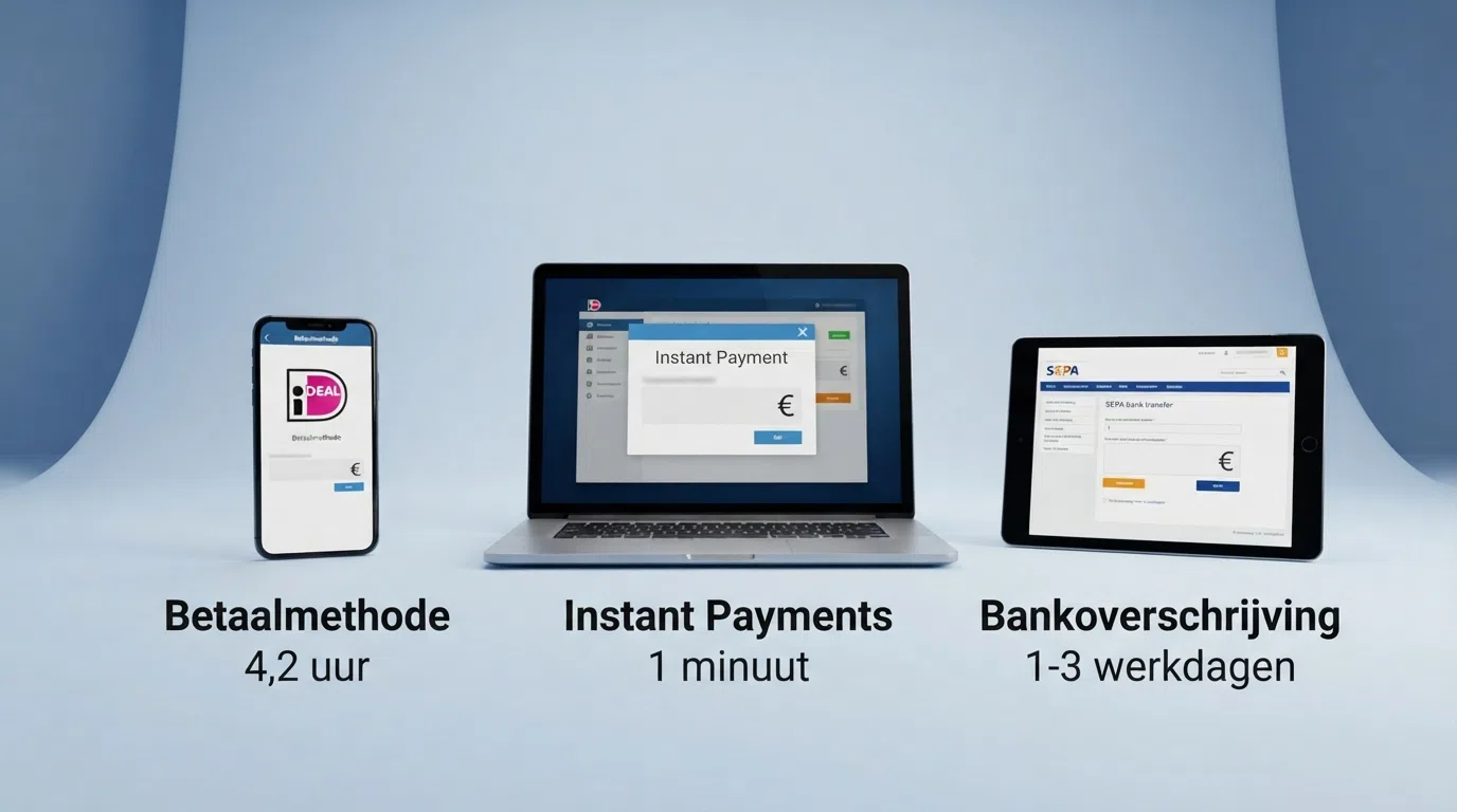 De drie snelste uitbetalingsmethoden — iDEAL, Instant Payments en bankoverschrijving — met hun gemiddelde verwerkingstijden in een visueel overzicht