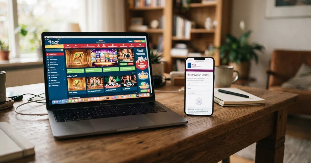 Een laptopscherm met een casino-lobby in het Nederlands, naast een smartphone met een CRUKS-registratiepagina van de Kansspelautoriteit — de twee werelden in één frame