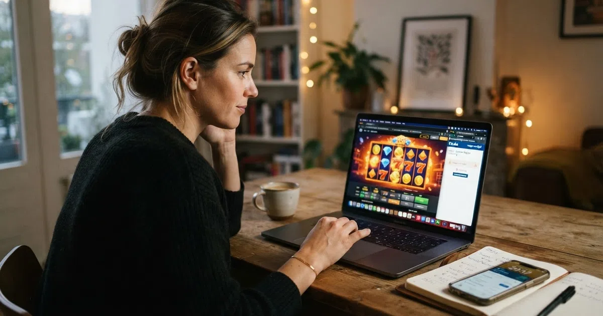Een Nederlandse speler bekijkt een online casino op zijn laptopscherm terwijl op een tweede tabblad het Cruks-logo zichtbaar is