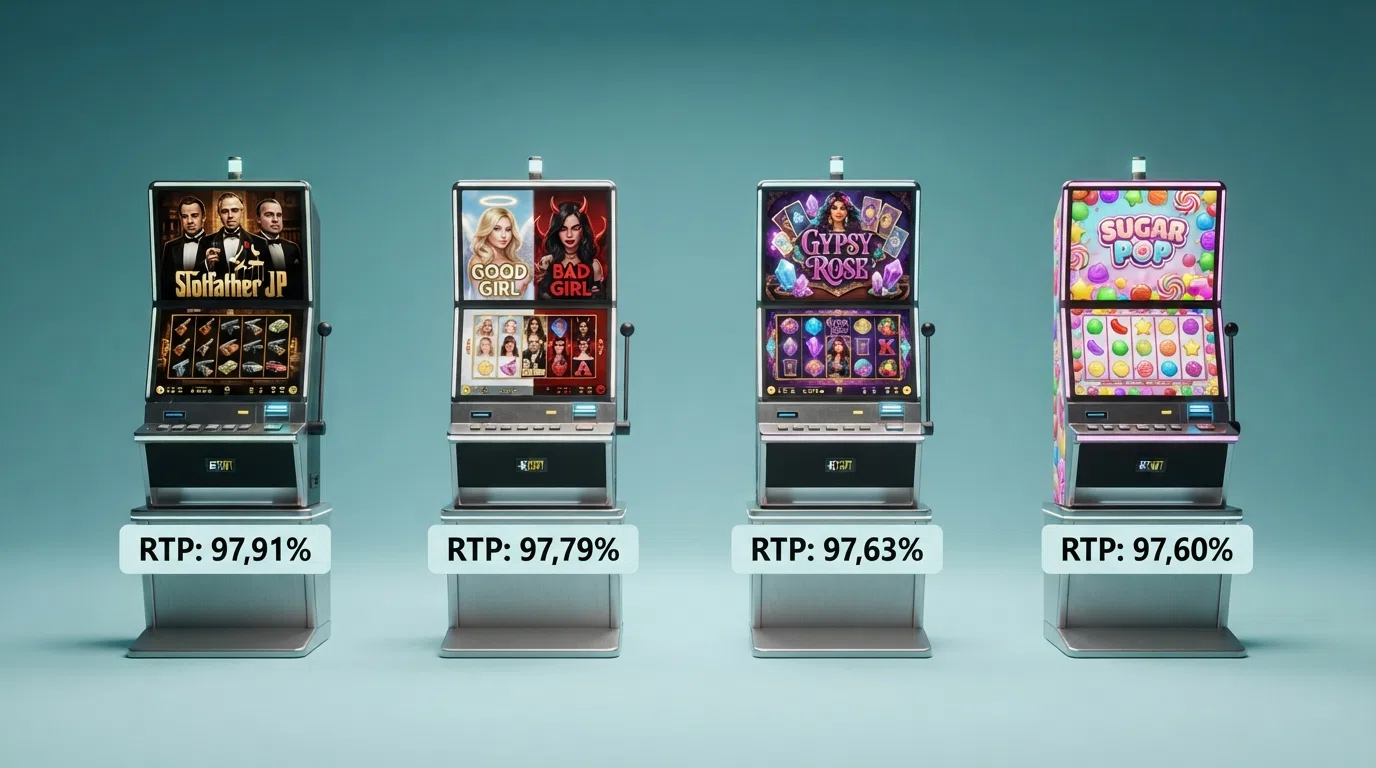 Vier Betsoft-gokkasten naast elkaar: The Slotfather JP, Good Girl Bad Girl, Gypsy Rose en Sugar Pop met hun RTP-percentages zichtbaar