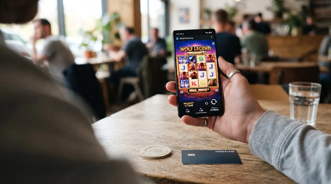 Blueprint Gaming-slot op een smartphone-scherm, liggend weergegeven met touch-bedieningselementen zichtbaar