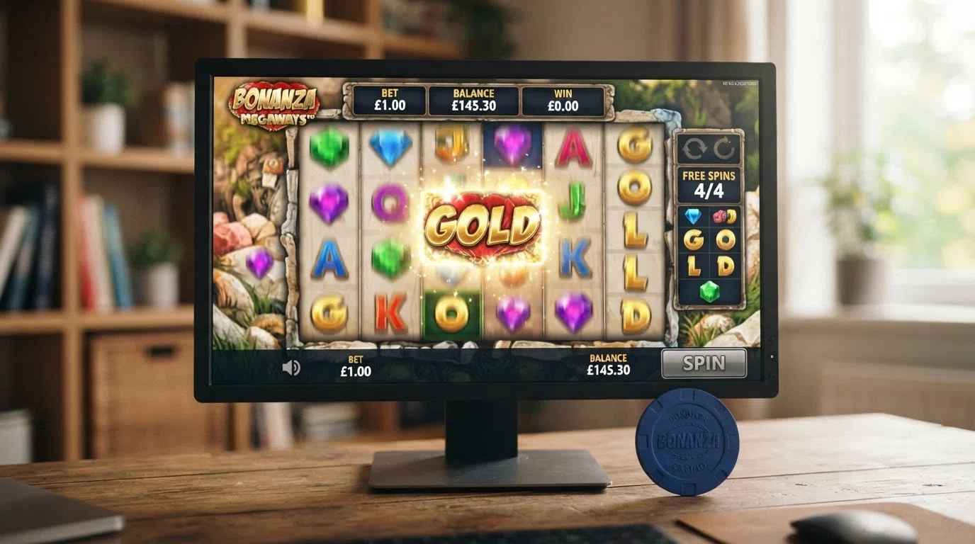 Bonanza Megaways op een desktopscherm: zes rollen met variabele symbolen en een gouden free-spins-tegel in beeld