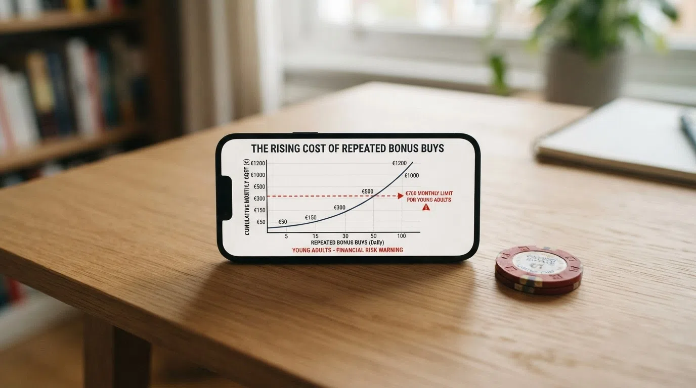 Een grafische weergave van de oplopende kosten van herhaaldelijke bonus buys bij verschillende inzetniveaus, met een markeringslijn op de €700-maandlimiet