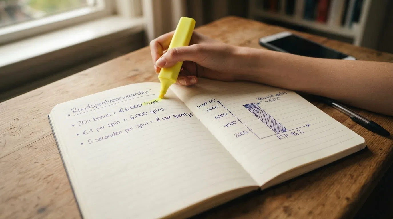 Een close-up van bonusvoorwaarden-tekst met een markeerstift over de rondspeelvoorwaarden en de geldigheidstermijn.