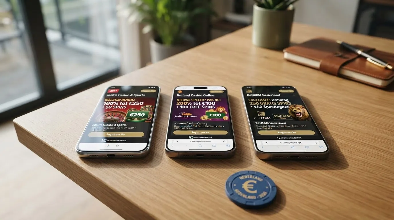 Drie promotiebanners van legale Nederlandse online casino's met verschillende bonusbedragen en percentages naast elkaar