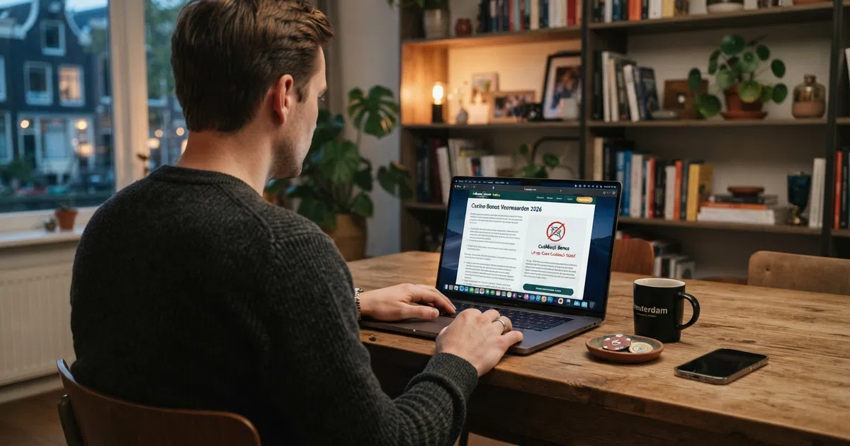 Een Nederlandse speler kijkt naar een online casino bonusvoorwaardenpagina op zijn laptop, met een doorgestreept cashback-icoon zichtbaar