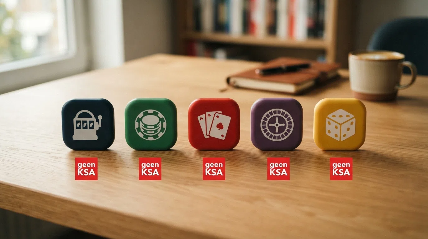 Een rij van vijf casinologo's op neutrale achtergrond, met onder elk logo hetzelfde rode icoon: “geen KSA”.