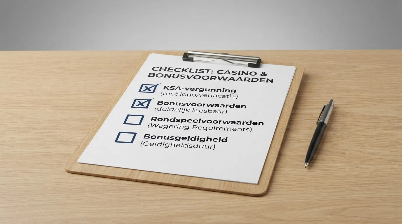 Een overzichtelijke checklist van de beoordelingscriteria: KSA-vergunning, bonusvoorwaarden, rondspeelvoorwaarden en bonusgeldigheid
