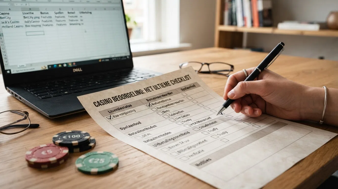 Een overzichtelijke tabel of checklist met beoordelingscriteria zoals licentiestatus, bonusvoorwaarden en uitbetalingssnelheid