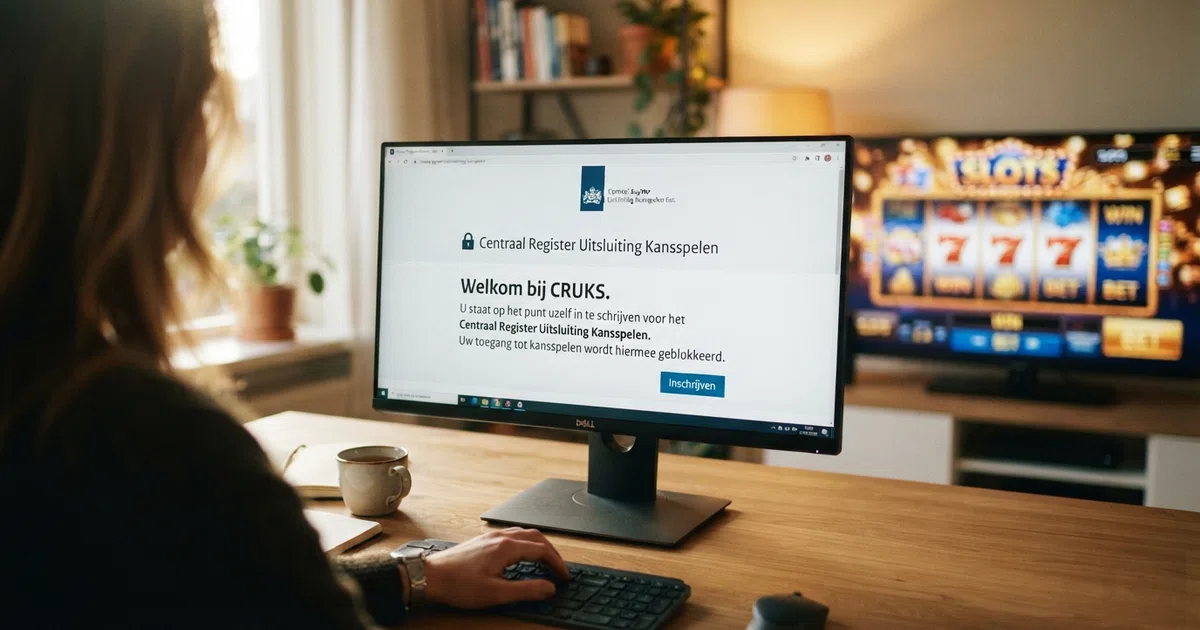 Een Nederlandse overheidswebpagina met een hangslot-icoon en de tekst “Centraal Register Uitsluiting Kansspelen” op een computerscherm, met op de achtergrond een vervaagd casino-interface