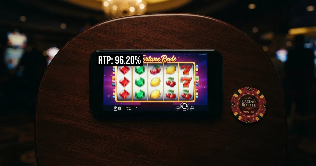 een close-up van een gokkastscherm waarop het RTP-percentage van 96,20% zichtbaar is naast een identiek spel dat 91,20% toont