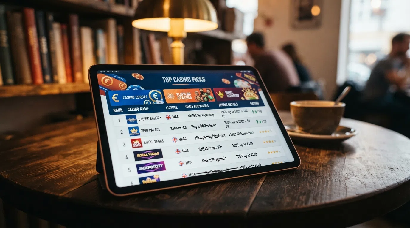 Een gestileerde vergelijkingstabel met casino-logo's, licentiestatus en bonusinformatie naast elkaar