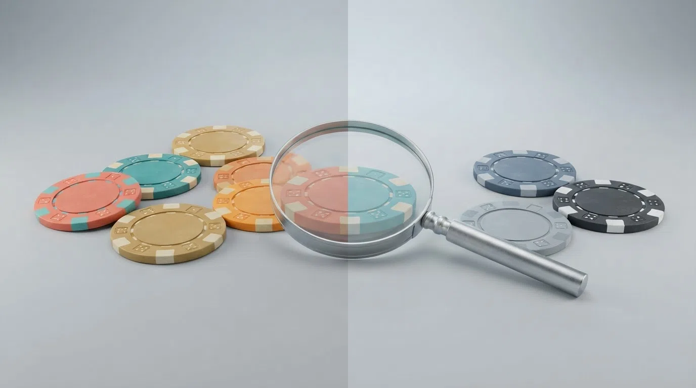 Tien casino-logo's in een rasteropstelling, gegroepeerd per licentietype (Curaçao links, MGA rechts), met een vergrootglas-icoon over het geheel