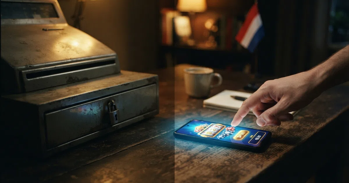 Een splitscreen met links het slot van het Cruks-register dat een speler blokkeert en rechts een open deur naar een onvergunde goksite zonder bescherming
