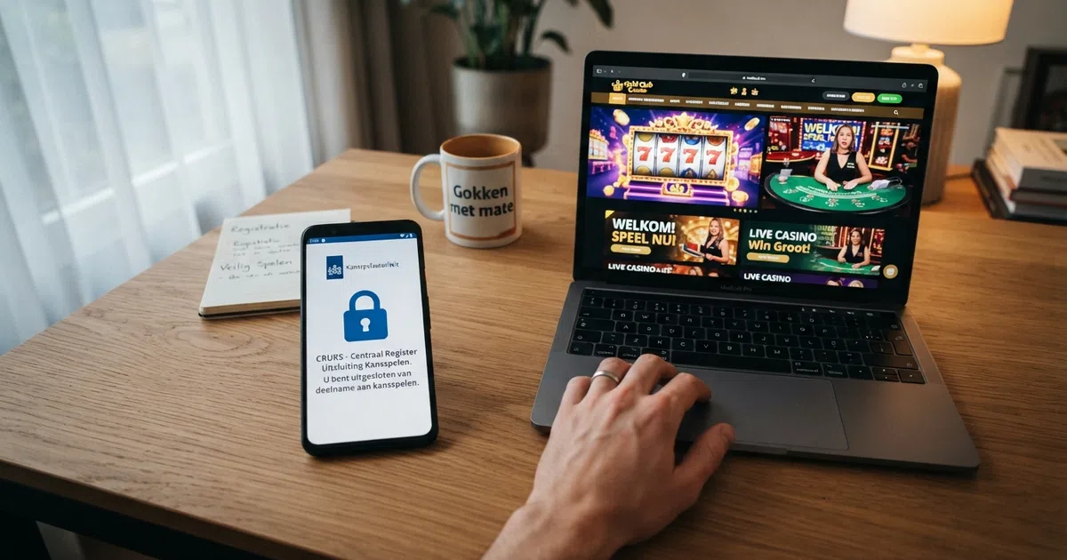 Een splitscreen: links het slotje van het Cruks-register op een Nederlands scherm, rechts een open deur naar een offshore casino-interface
