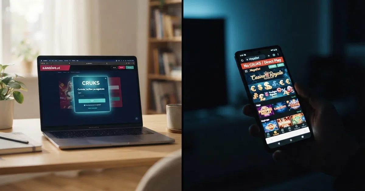 Een split-screen van een legaal Nederlands casino met een CRUKS-verificatiescherm naast een offshore casino zonder Nederlandse vergunning