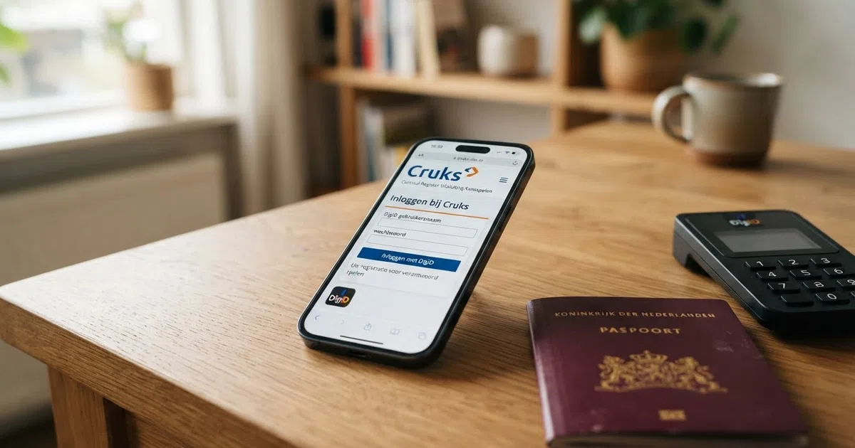 Een smartphone met daarop de inlogpagina van het Cruks-register naast een Nederlands paspoort en een DigiD-lezer
