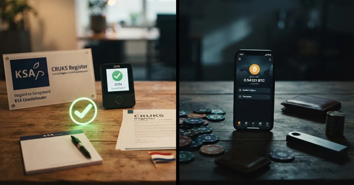 Een splitscreen: links het Nederlandse KSA-keurmerk met iDIN-logo, CRUKS-register en een Vinkje-icoon, rechts een gedimd scherm met cryptowallets en het woord “Anoniem”