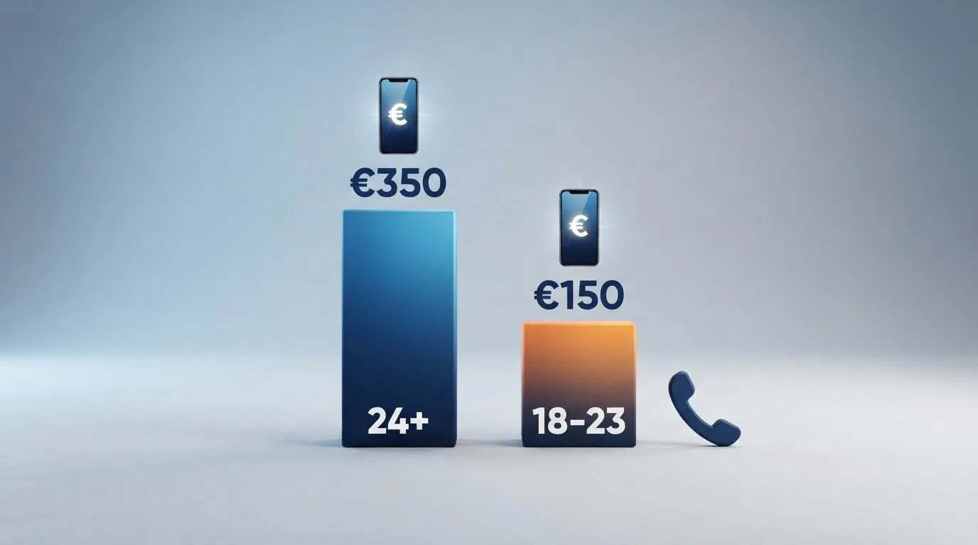 Een grafische weergave van de twee drempels: een pijl bij €350 voor 24-plus en een lagere pijl bij €150 voor 18 tot 23-jarigen, met een telefoonicoon