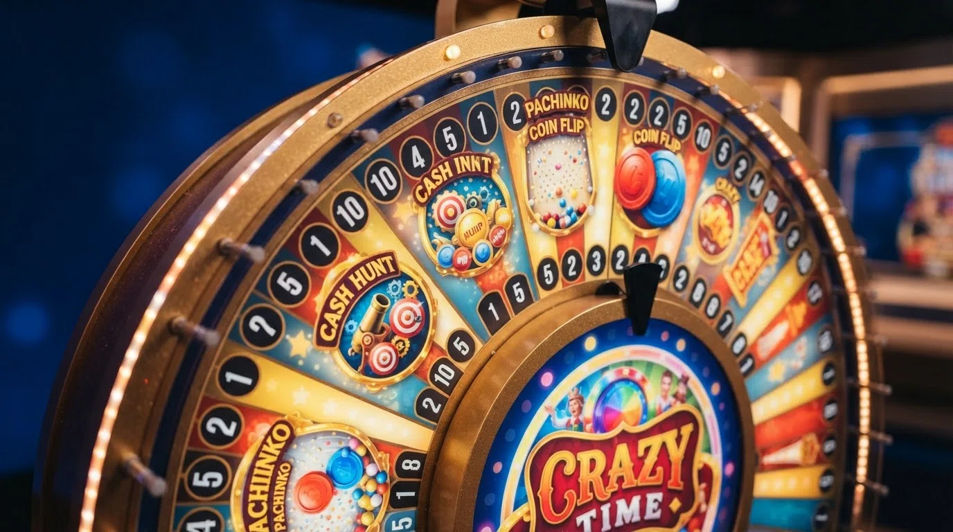 Het Crazy Time-rad van dichtbij, met de segmenten voor de bonusspellen Coin Flip, Cash Hunt, Pachinko en Crazy Time duidelijk gemarkeerd.