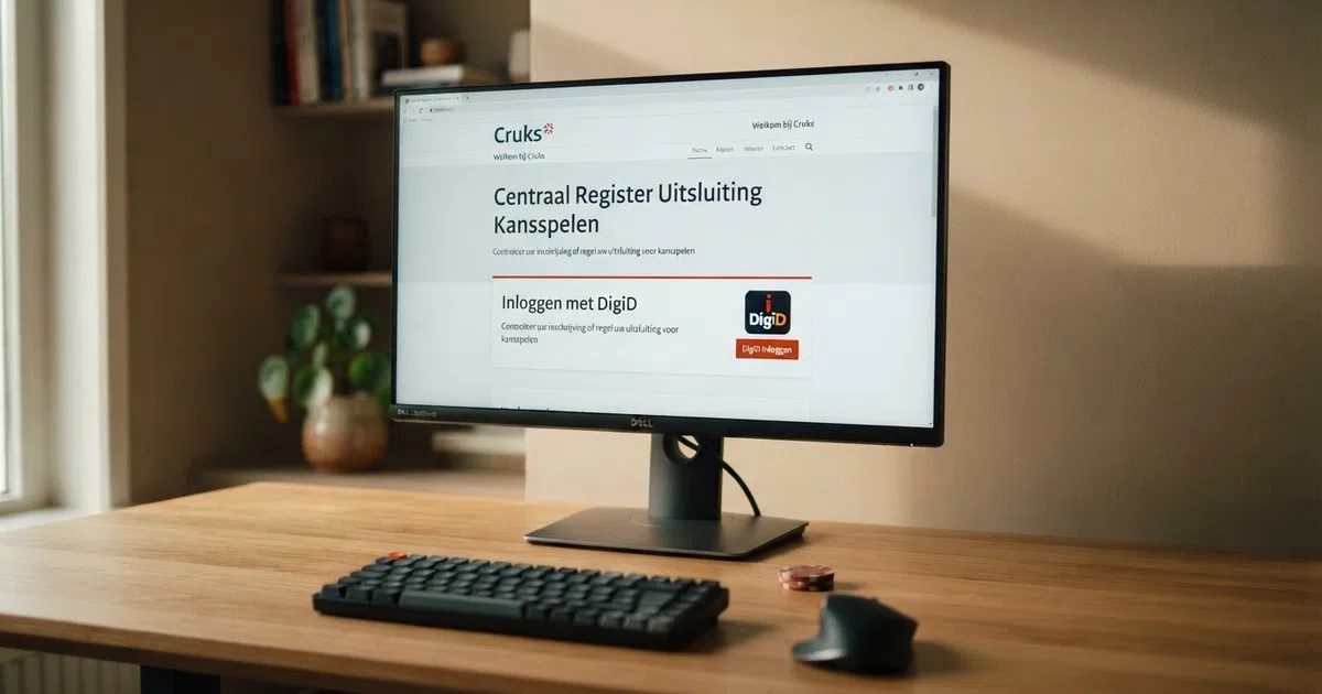 De homepage van het Cruks-register met een DigiD-inlogknop op een computerscherm, met daaronder de tekst “Centraal Register Uitsluiting Kansspelen”